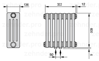 Схема (чертеж) Радиатор Zehnder Charleston 4060/7 №5410 Белый глянцевый RAL 9016